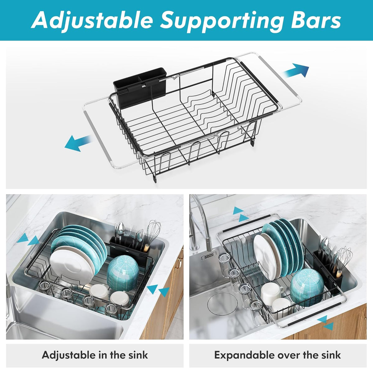 MAJALiS Dish Drying Rack in Sink - Small Dish Drainers for Kitchen Sink, Over The Sink Dish Racks with Utensil Holder, Stainless Steel Dish Rack in Sink, Black