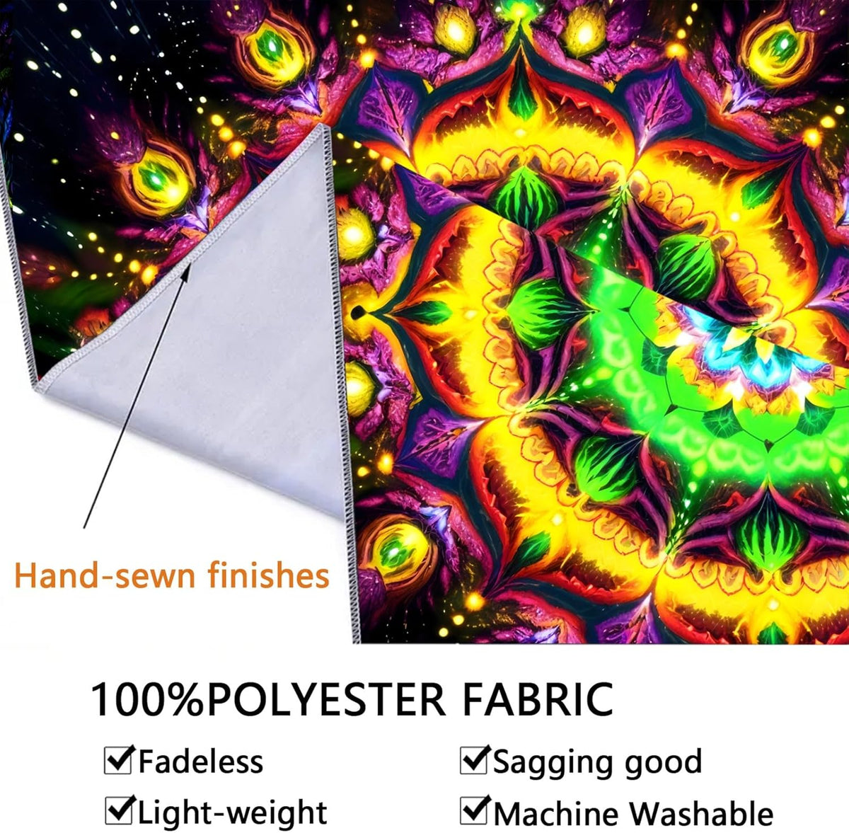 Blacklight Mandala Tapestry for Bedroom, Psychedelic Flower Black Light Posters for Adults and Teens, UV Reactive Aesthetic Bohemian Art Wall Hanging Decor Golden and Green (40 x 30 Inches)