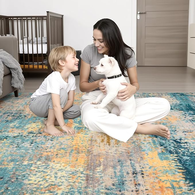 Area Rug Living Room: 8x8 Modern Washable Soft Carpet Rosy Haze | - Image 2
