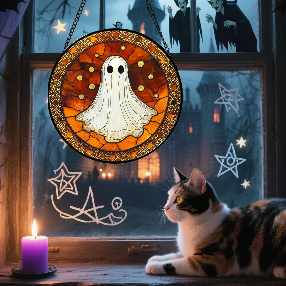 Stained Glass Window Hanging - Halloween Decorations White Ghost Suncatcher for Doors Garden Indoor Spooky Funny Orange Sun Catchers Gothic Decor Horror Gifts for Women Men Friend 9.8 in