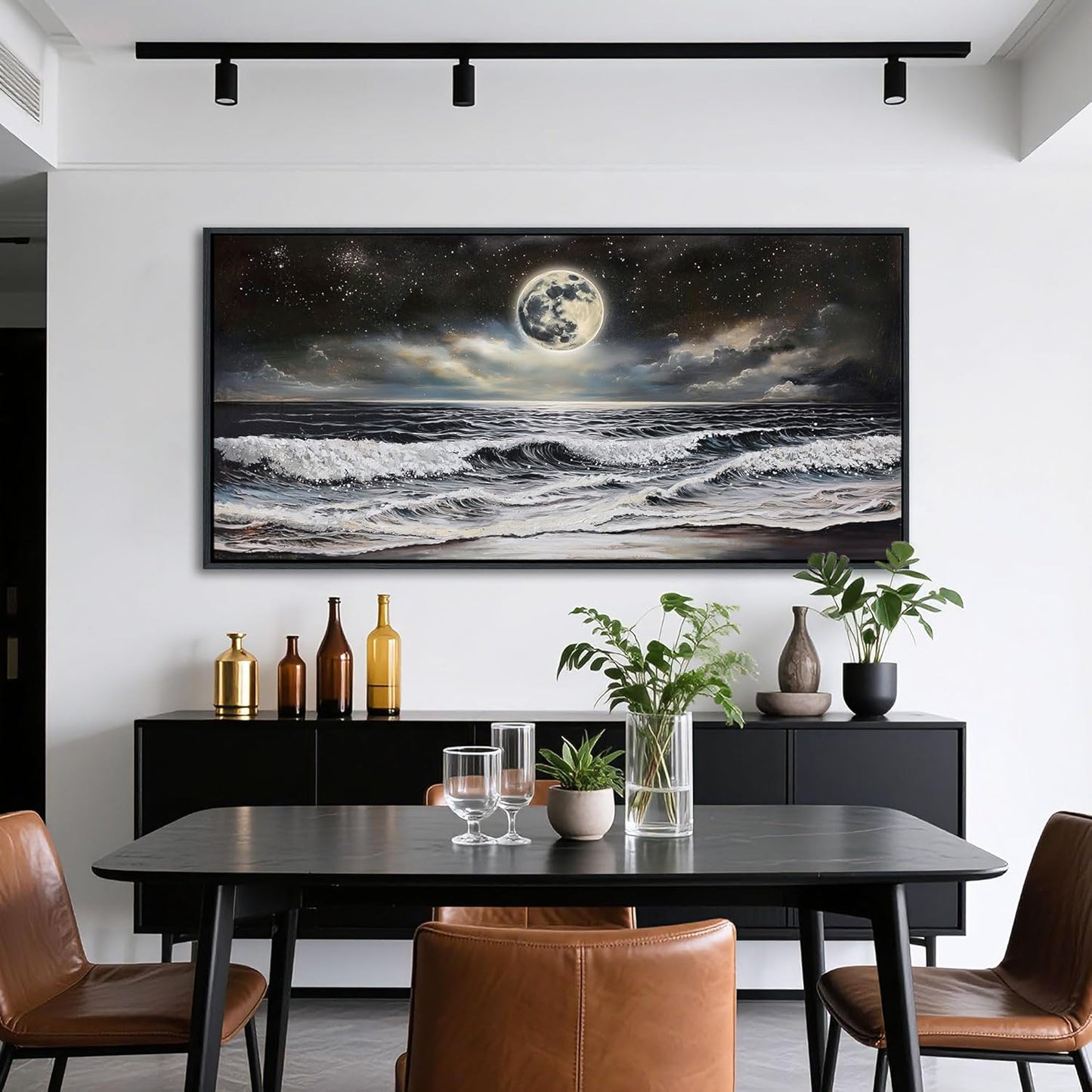 QZQCBLC Large Wall Art Bedroom, Black and White Sea Beach Canvas Wall Pictures, Waves Moon Starry Clouds Coast Paintings Artwork for Living room Home Office Artwork Framed Decor 29x58 IN
