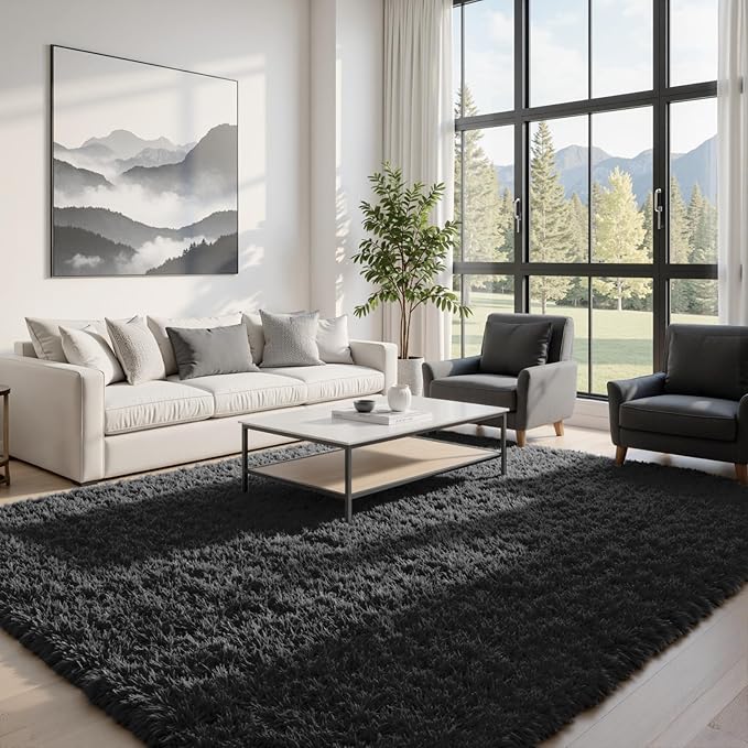 5x8 Fluffy Shag Area Rugs for Living Room Bedroom: Soft Plush Carpet Black | - Image 2