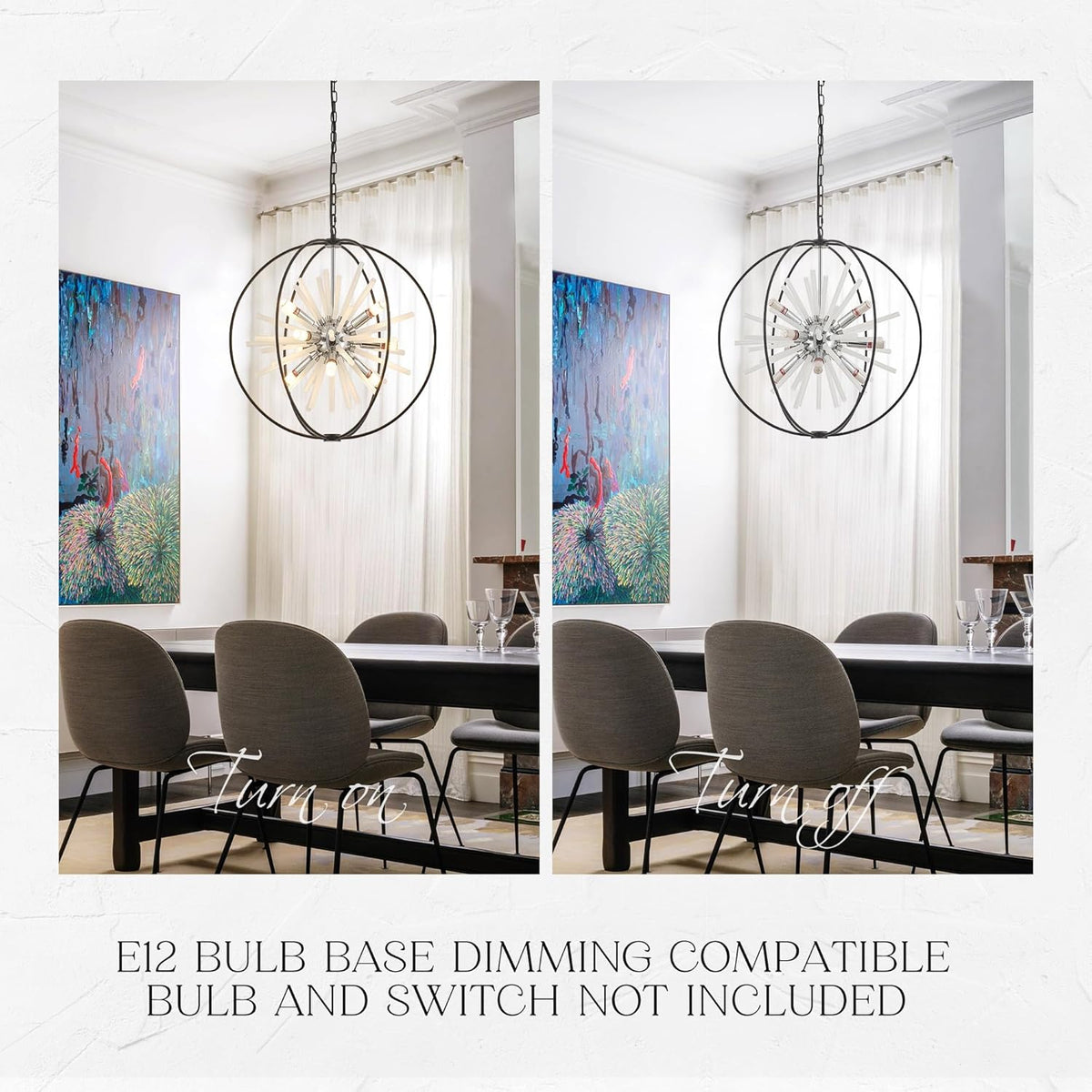 23.6" Black Chrome 12-Light Globe Sputnik Chandelier Modern Adjustable Hanging Ceiling Glass Tube Pendant Light Fixture for Entryway Foyer Staircase Dining Living Room Hallway