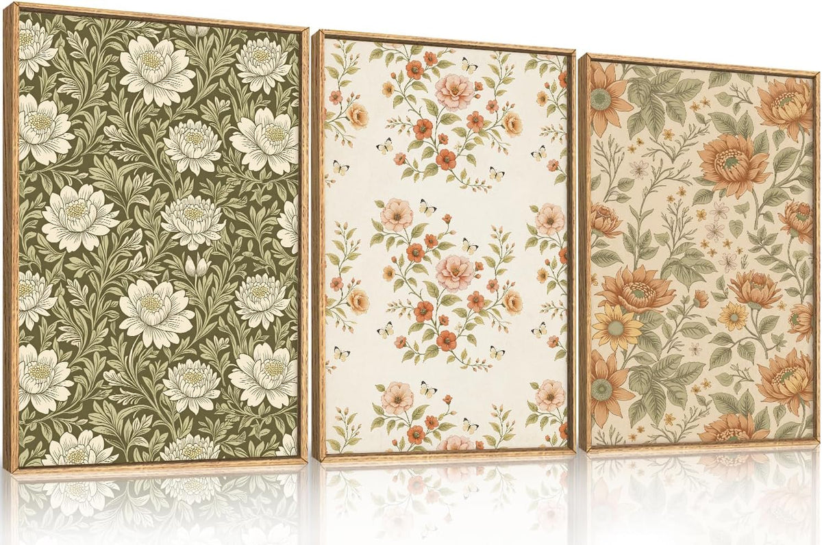 Vintage Pastoral Floral Framed Canvas Wall Art Set, Boho Colorful Flower Wall Decor, Peony Wildflower Wall Painting, Retro Botanical Art Prints for Living Room, Bedroom, Office - 16"X24"X3
