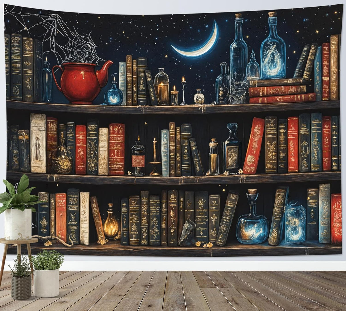 LB Fantasy Bookshelf Tapestry, Horror Spider and Vintage Book with Moon Wall Tapestry for Bedroom Aesthetic, Trippy Galaxy Wall Art for Living Room Dorm Home Decor Ready to Hanging, 92.5 x 70.9 Inches