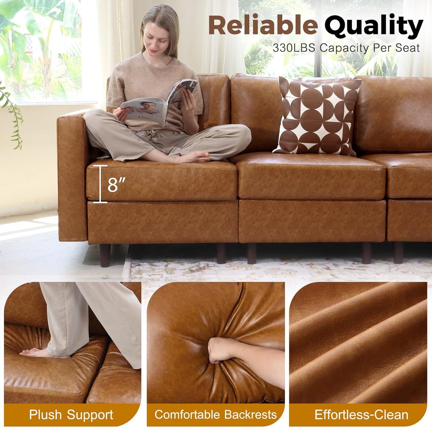 118.5" Faux Leather Modular Sectional Convertible Sofa, L Shaped Couch Set for Living Room, Large 8-Seater Comfy Cloud Couches with Movable Storage Ottoman DIY Combination - Brown