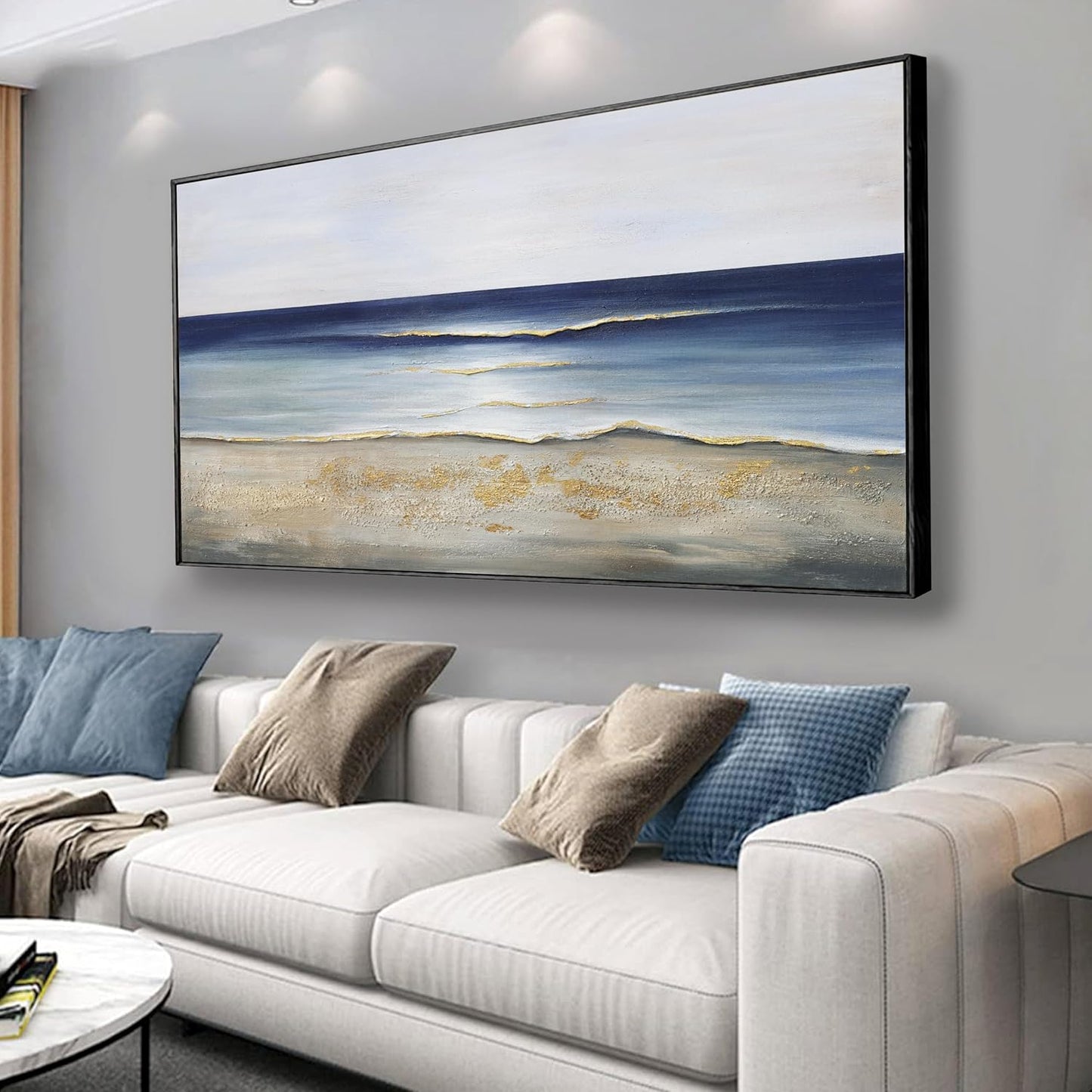 Yuaxker Ocean Wall Art Blue and White Wall Decor Framed Aesthetic Artwork Wall Hanging Canvas Painting for Living Room Bedroom Dining Room Office Home Decor 24x48 Inch