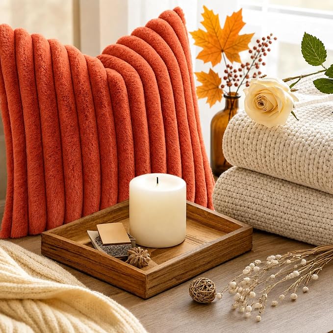 decorUhome Fall Faux Fur Throw Pillow Covers 20x20 Set of 2 Rust | Decorative - Image 8