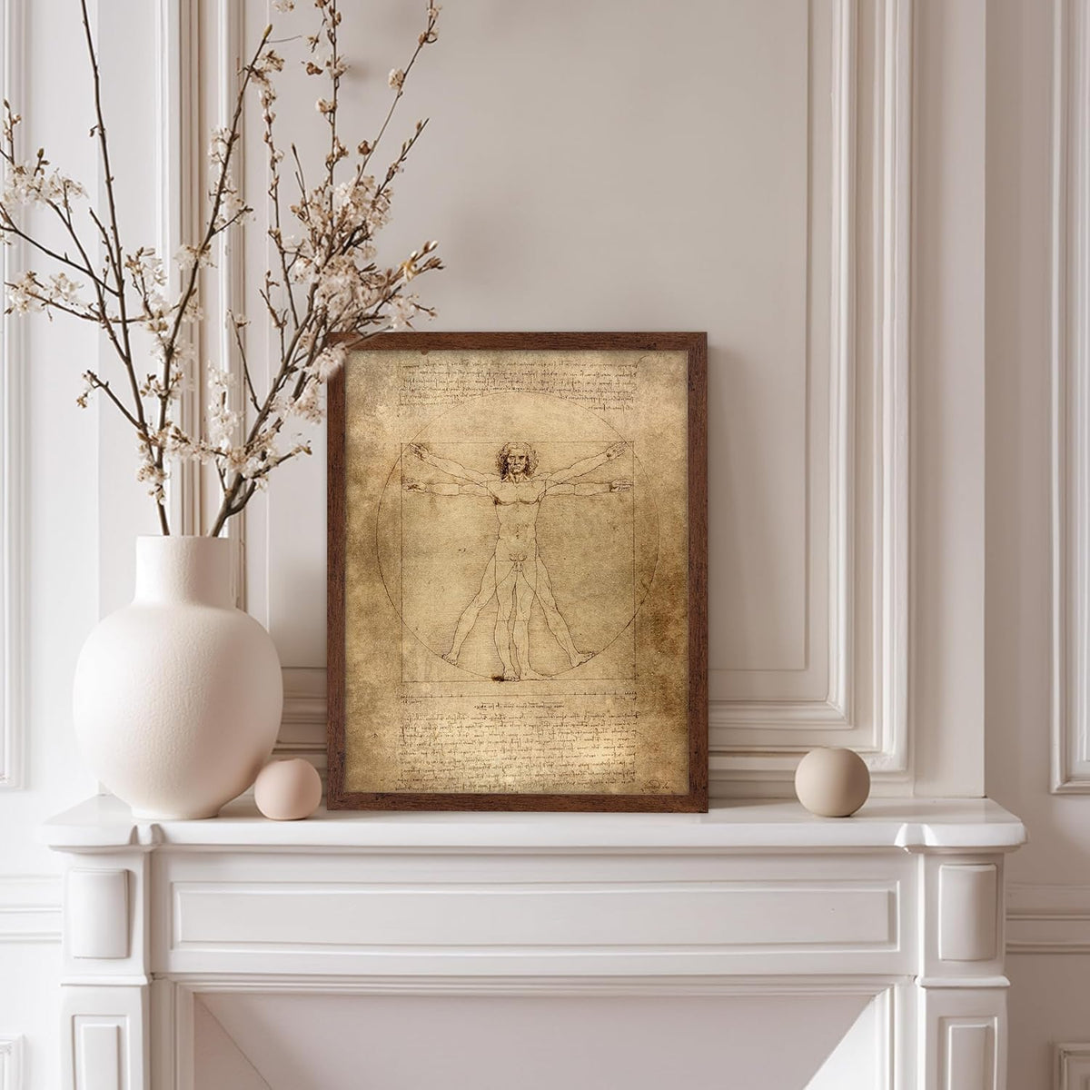 Poster Master Classic Leonardo Da Vinci Poster - Vintage Renaissance Print - Gift for Artist, Friend - Vitruvian Man, Proportion, Symmetry, Human Body - Wall Decor for Office, 11x14 Brown Framed