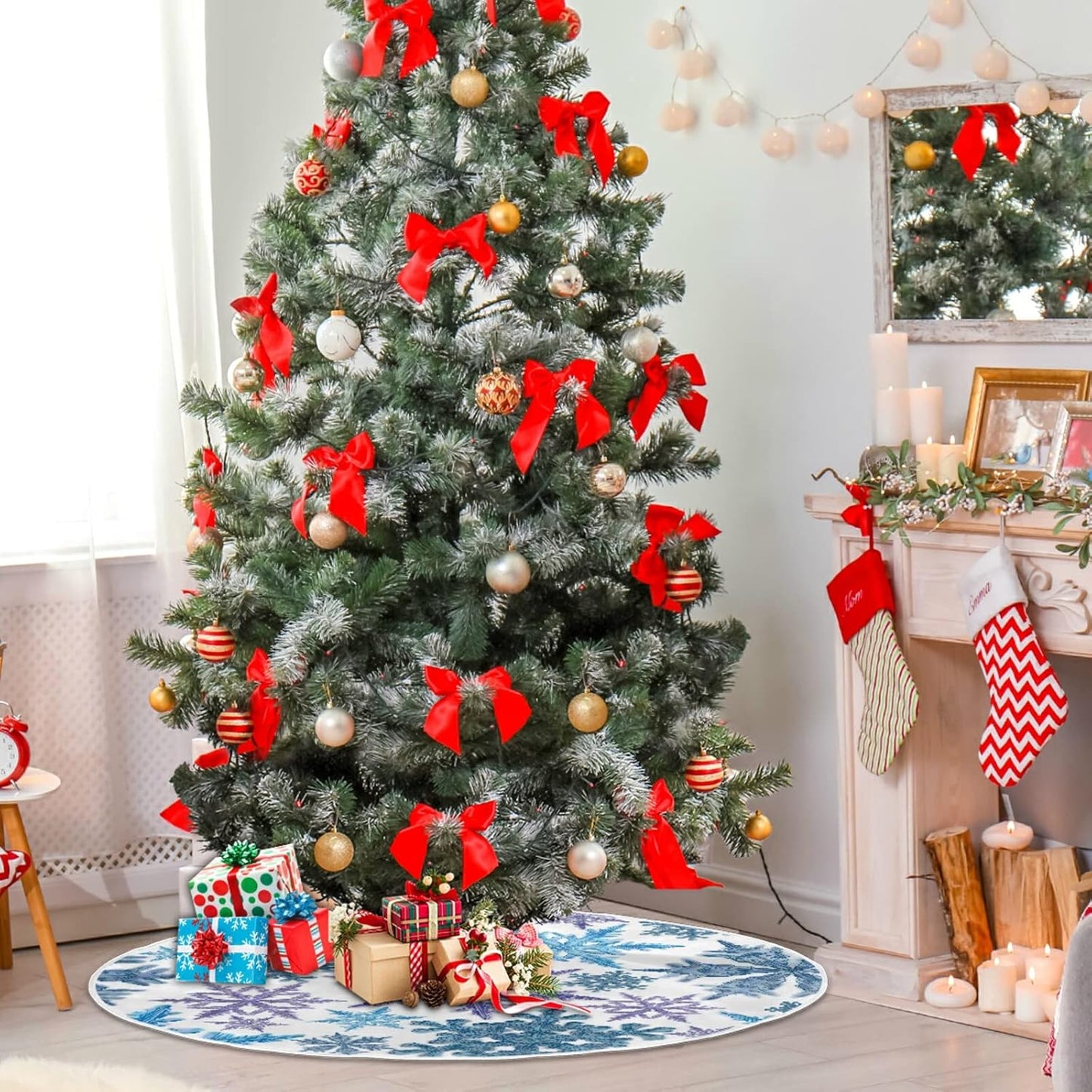 Christmas Purple Blue Snowflake Tree Skirt, Seasonal Tree Mat Holiday Party Supplies Ornaments Indoor Outdoor Decorations for Tabletop Trees 47.2 Inches