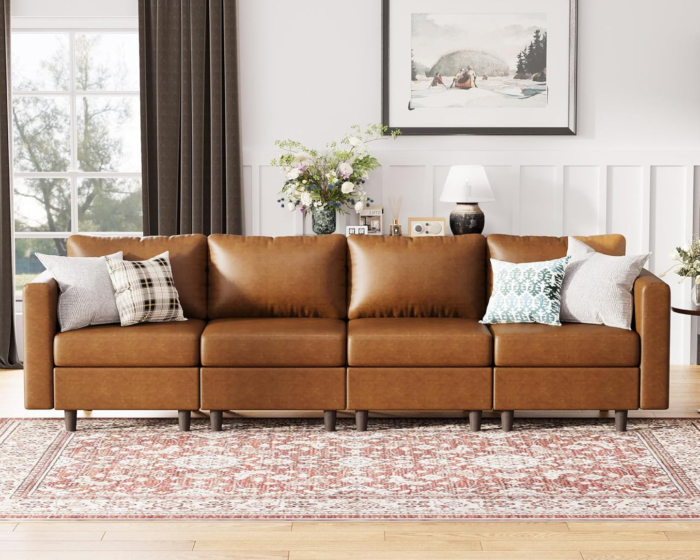 118.5" Faux Leather Modular Sectional Sofa with Storage Seat, Oversized 4 Seater Couch Deep Seat with Removable Cover Brown