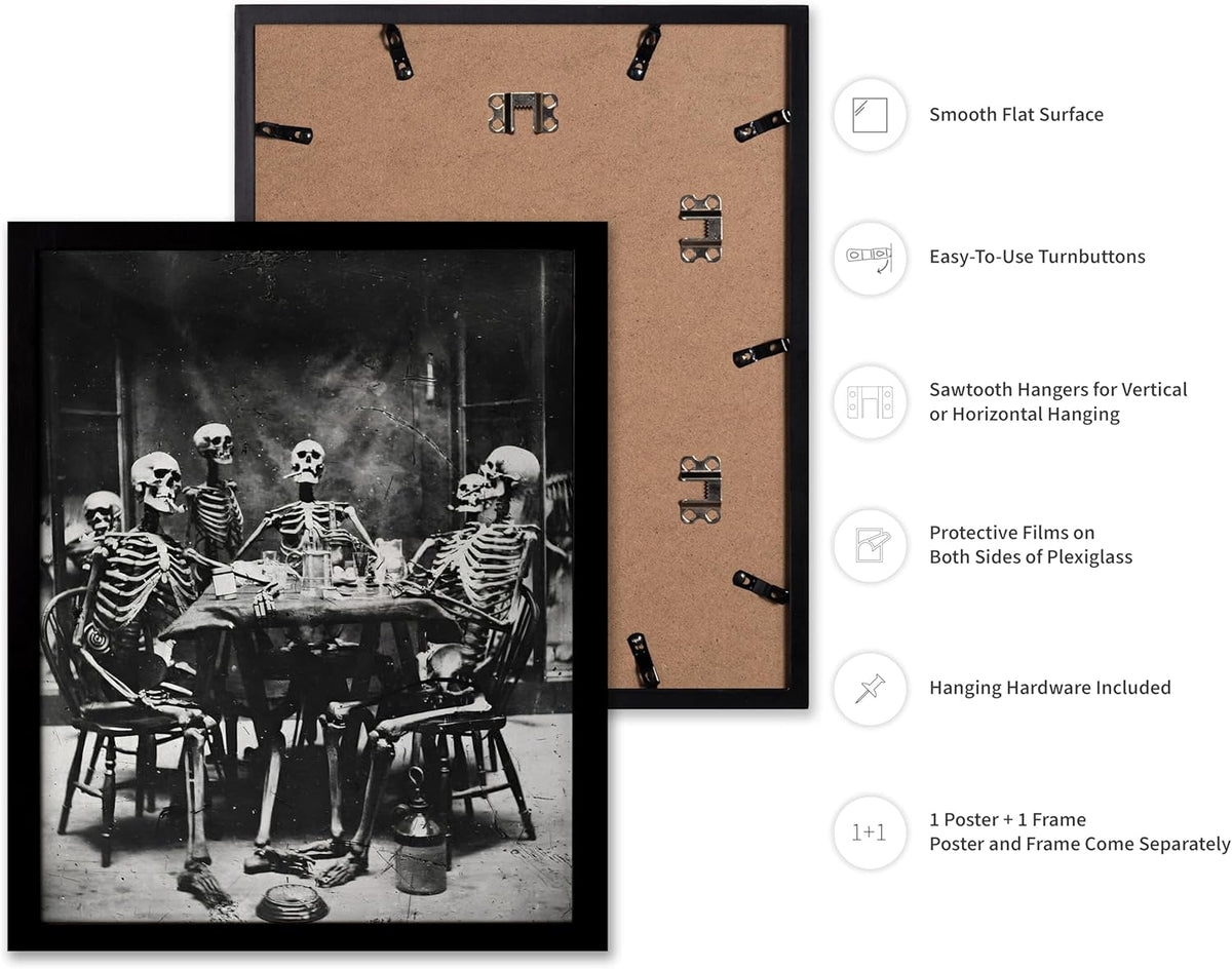 Poster Master Vintage Photograph Poster - Retro Daguerreotype Print - Gift for Artist, Friend - Skeletons Smoking at Table, Dinner Party, Goth - Wall Decor for Home, Dorm, 11x14 Black Framed
