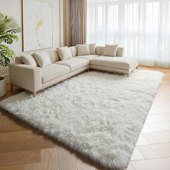 Cream White Area Rugs 9x12 Living Room, Ivory Large Fluffy Shag Bedroom Rug - Image 5