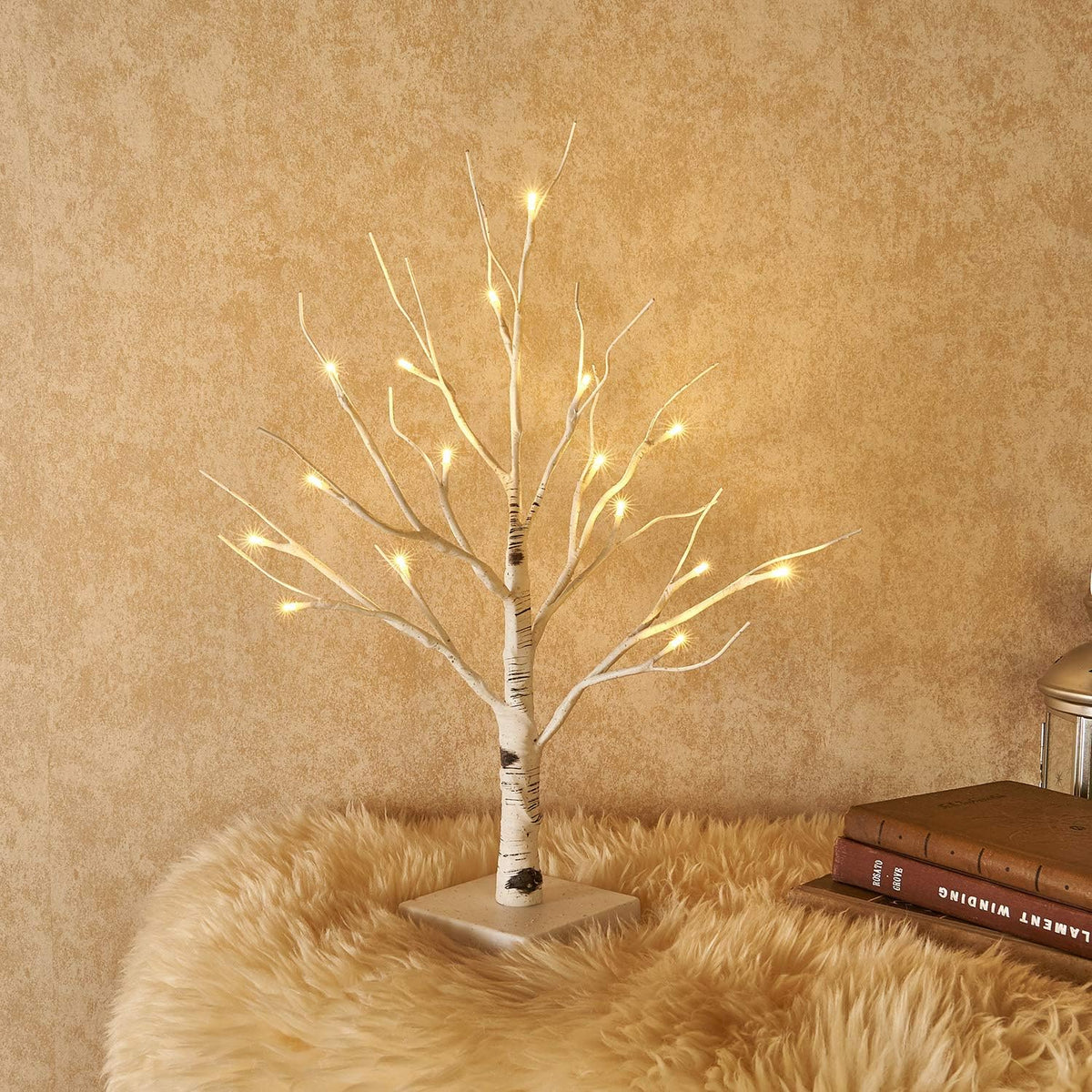 Hairui Lighted Easter Tree with Timer, Tabletop Birch Tree with Lights 18IN 24 LED for Fireplace, Mantle Party Decoration