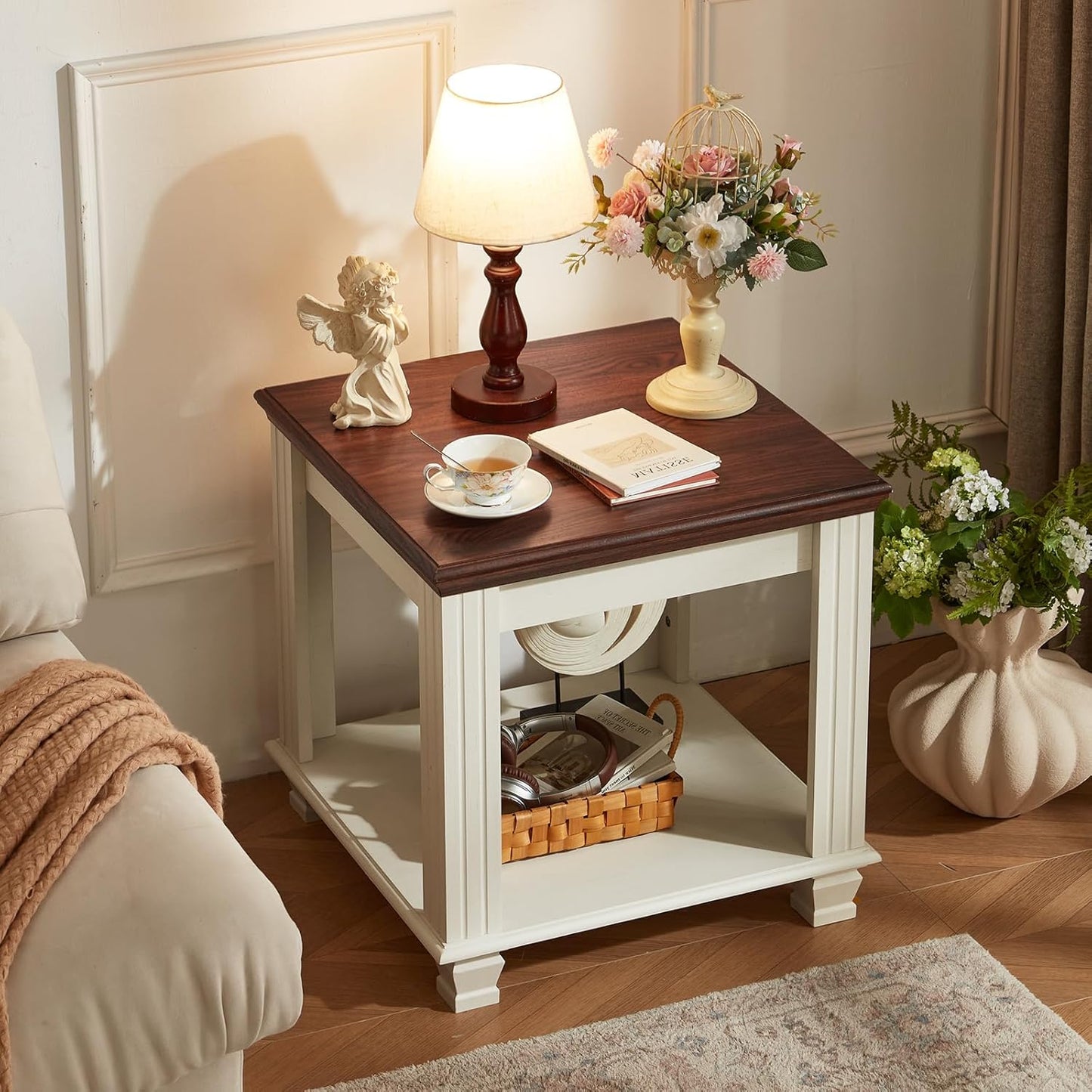 Farmhouse End Table Set of 2,Large Side Table with 2-Tier Storage Shelf,Rustic Wood End Tables for Living Room,Square Tea Table,White