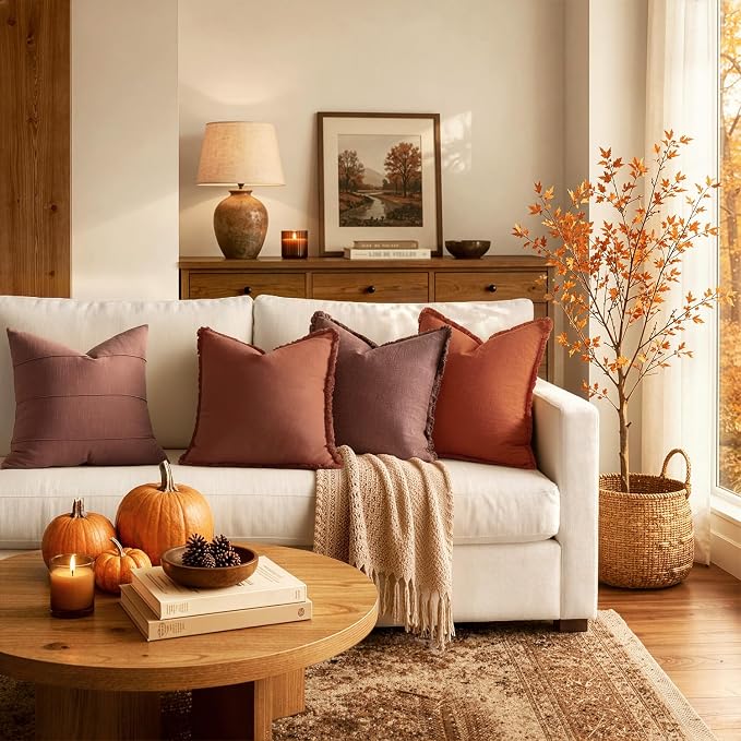 MIULEE Linen Fringe Decorative Fall Throw Pillow Covers Late Autumn 18x18 | Set - Image 6