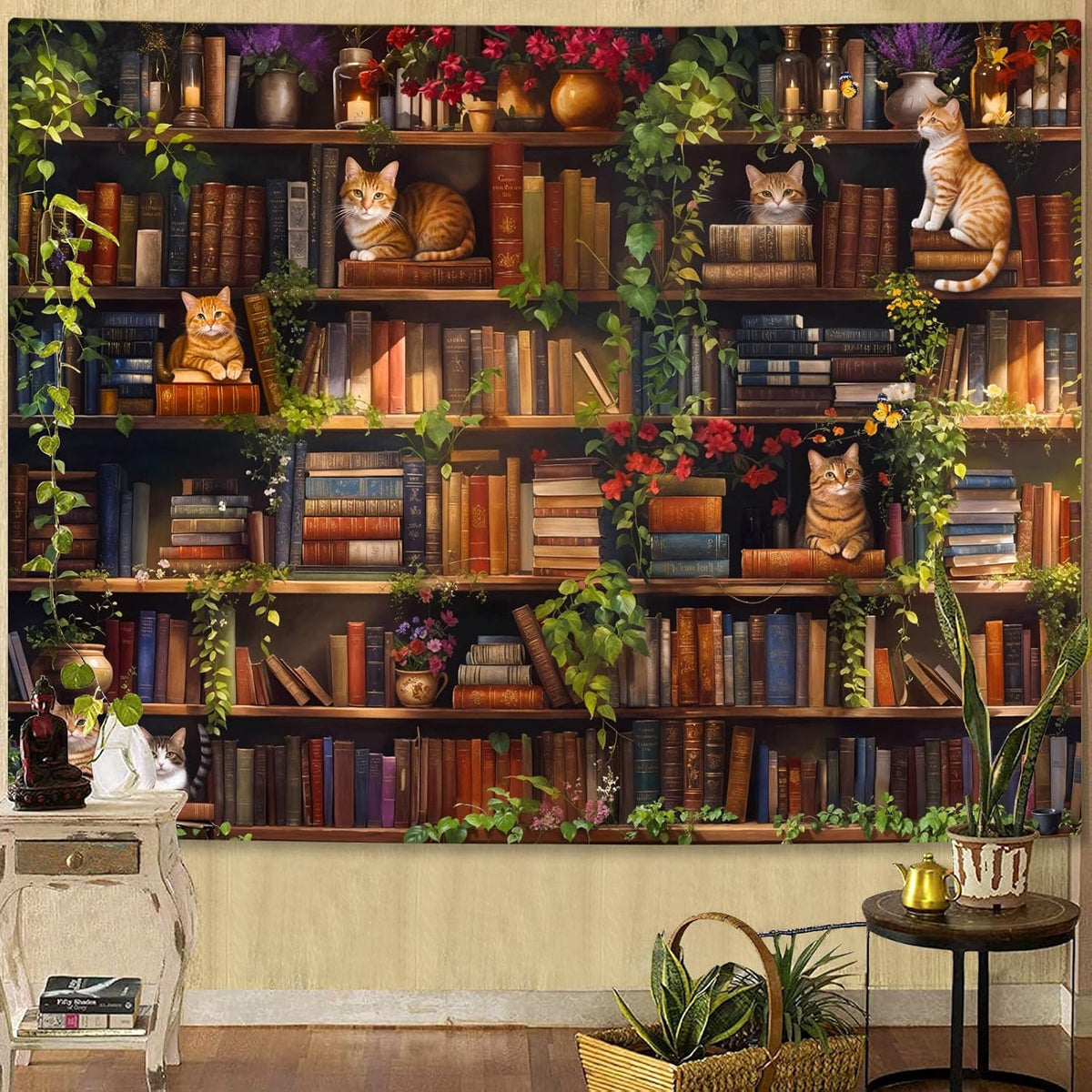 Accnicc Plant Cat Bookshelf Tapestry Botanical Floral Flower Cats Book Tapestries Wall Hanging Vintage Library Small Tapestry for Bedroom Living Room Dorm 60 x 44 inch