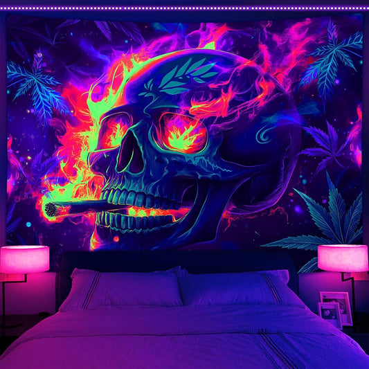 Blacklight Skeleton Tapestry, Glowing Skull UV Reactive Gothic Wall Hanging Tapestries, Glow in the Dark Grim Reaper Magic Horror Face Halloween Poster Tapestry for Bedroom Living Room Decor 60X51IN