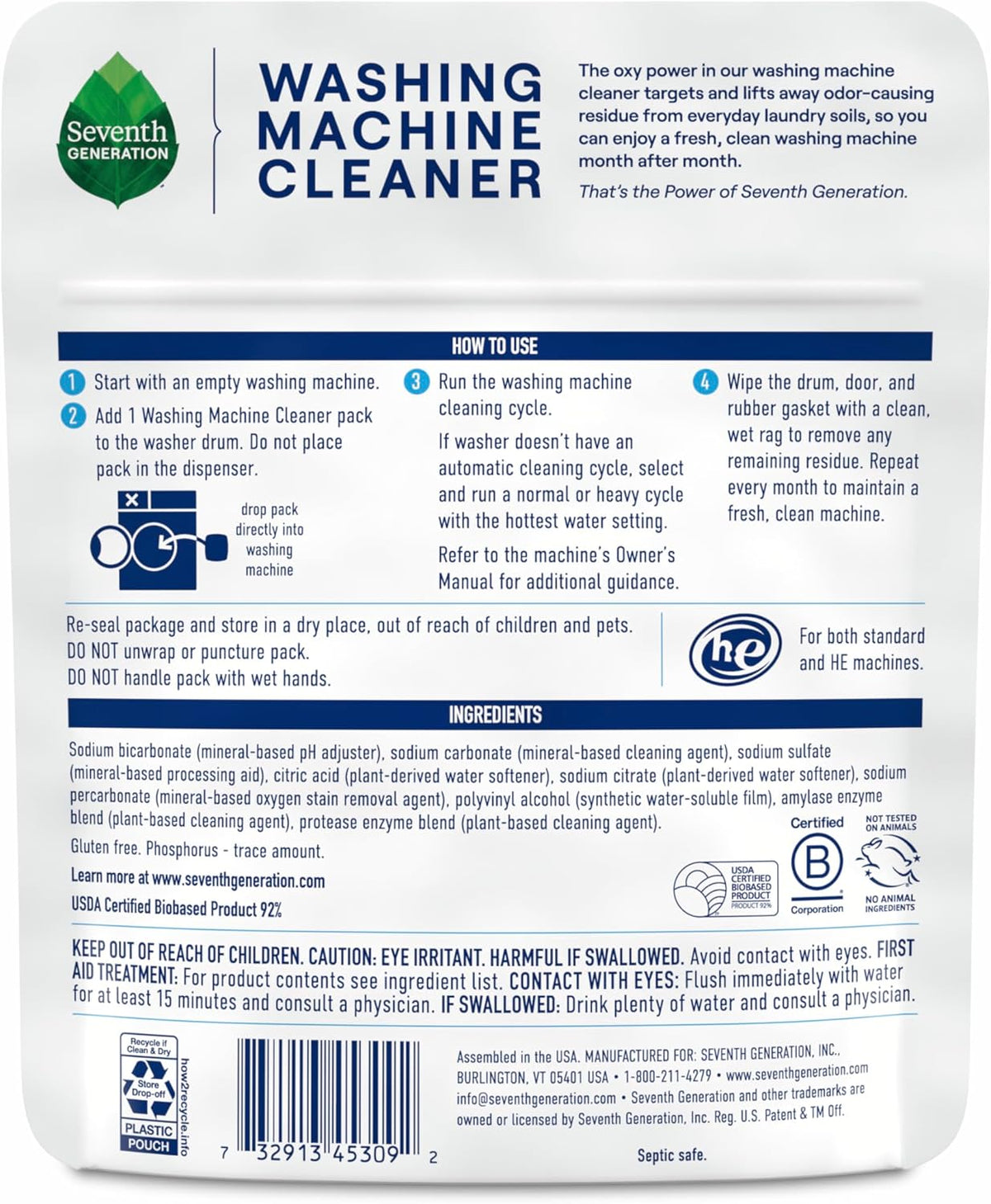 Seventh Generation Washing Machine Cleaner 6 Count Free & Clear Targets Odor-Causing Residue Powered by Oxy Power 4.2 oz