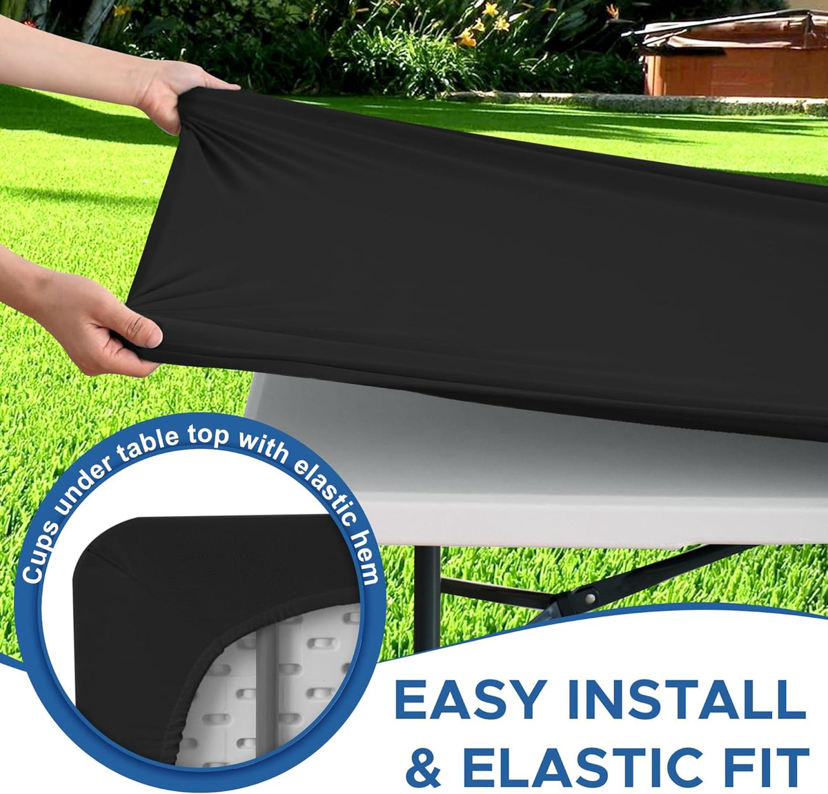 Fitted Tablecloth for 6 Foot Rectangle Tables-6 Pack Black Elastic Outdoor Picnic Table Cover-Spandex Stretch Folding Table Cloths 6 ft for Camping Dining Room Patio Kitchen Banquet Party