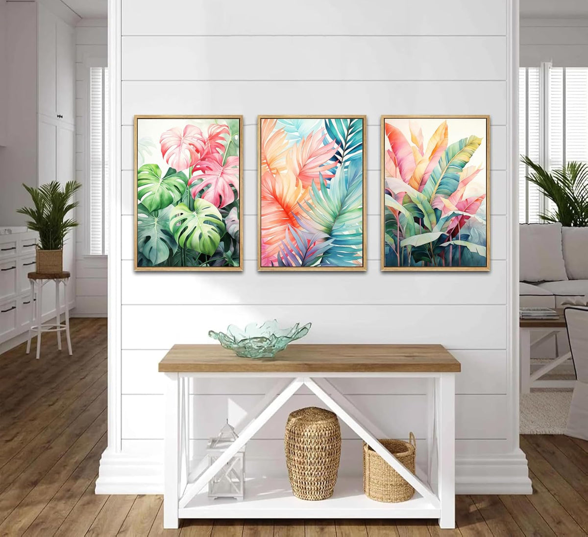 3pcs Tropical Botanical Canvas Wall Art Monstera Leaves Posters Botanical Prints Bohemian style Wall Decor Pictures Palm Leaves Paintings for Bathroom living room Decoration Unframed