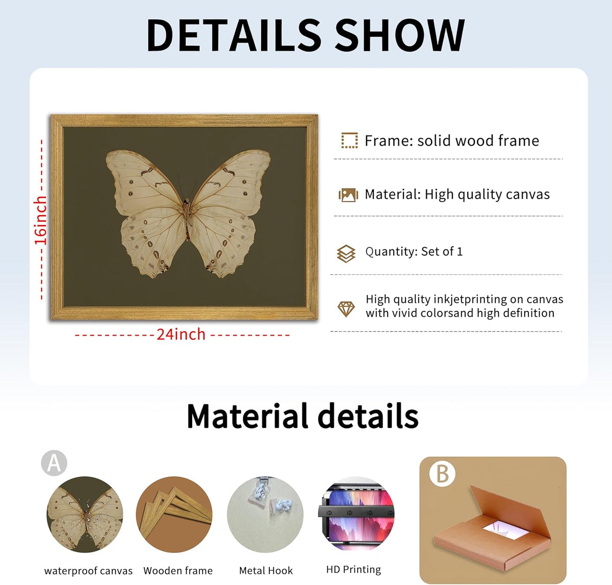 Wood Framed White Butterfly Wall Art, Vintage Butterfly Oil Paintings, Dark Moody Insect Canvas Prints, Boho Sage Green Wall Decor, for Bedroom Kitchen Bathroom Cottagecore Room Decor - 16x24 Inch
