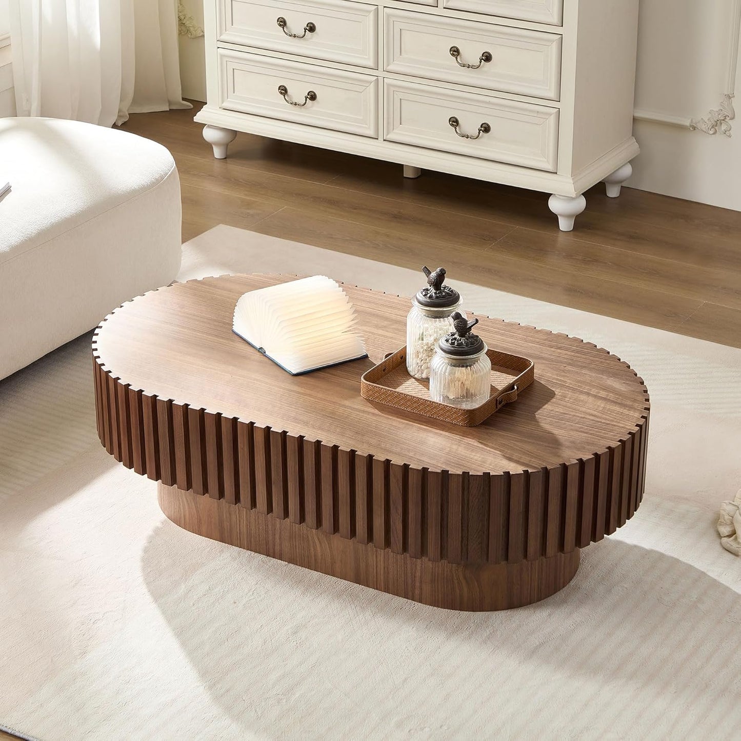 43.7" Oval Coffee Table for Living Room,Modern Handcraft Drum Coffee TableSmall Wooden Coffee Table with Sturdy Pedestal Easy Assembly for Office-Walnut