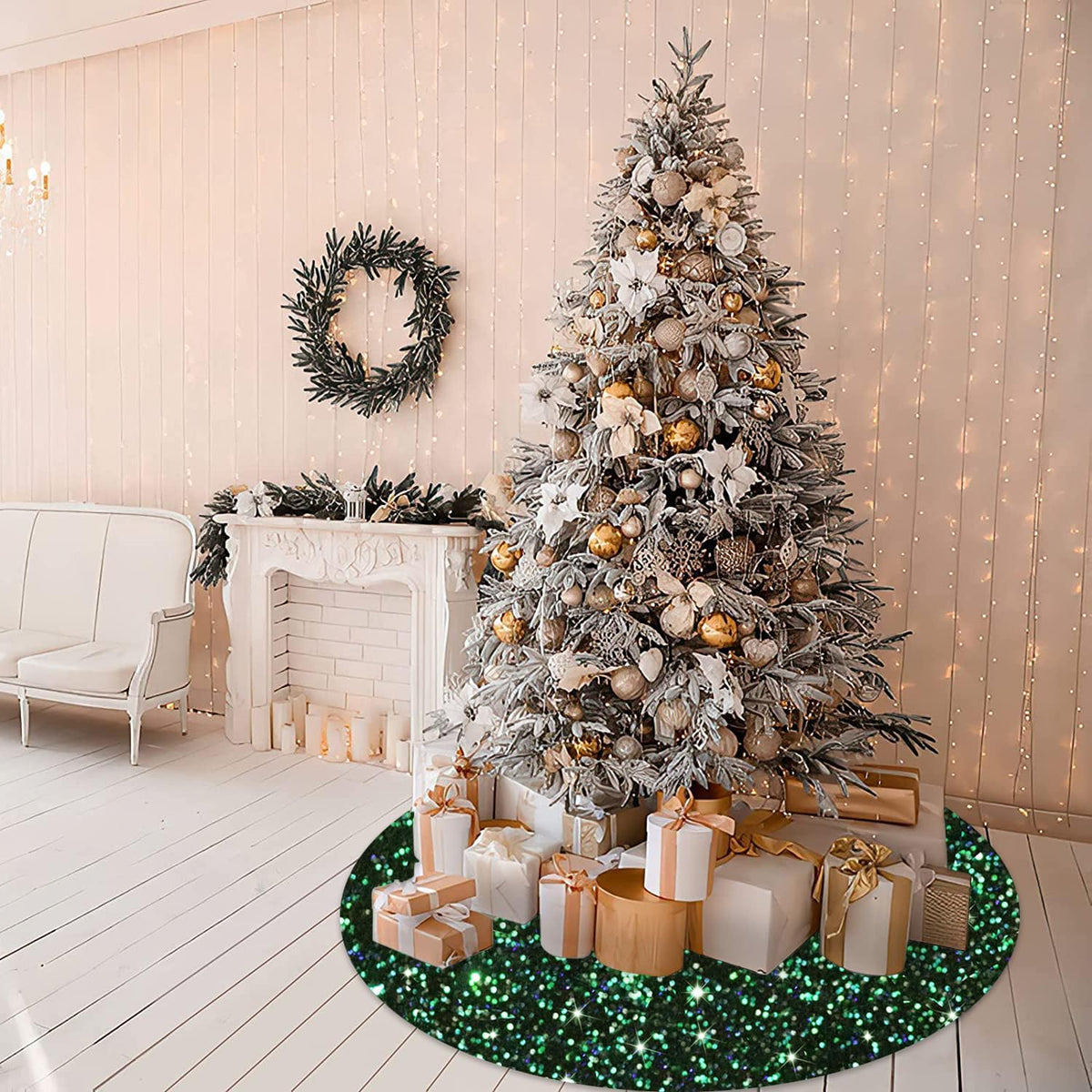 MODFUNS Green Christmas Tree Skirt Black Sparkly Tree Skirt 36 Inch Sequin Velvet Tree Skirts for Artificial Trees Glitter Xmas Tree Skirts Vintage Xmas Tree Collar for Christmas Home Supplies