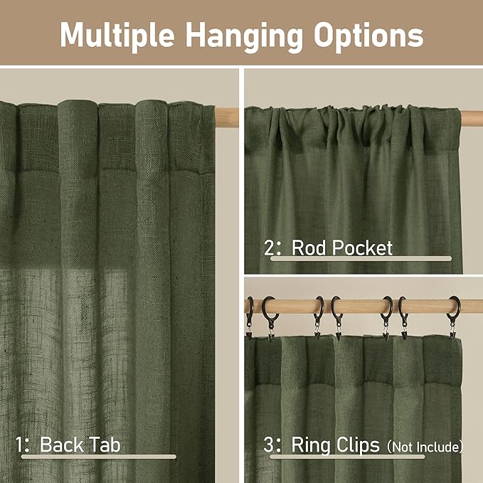 Olive Green Linen Curtains 84 inch Length 2 Panels Semi Sheer | Light Filtering - Image 2