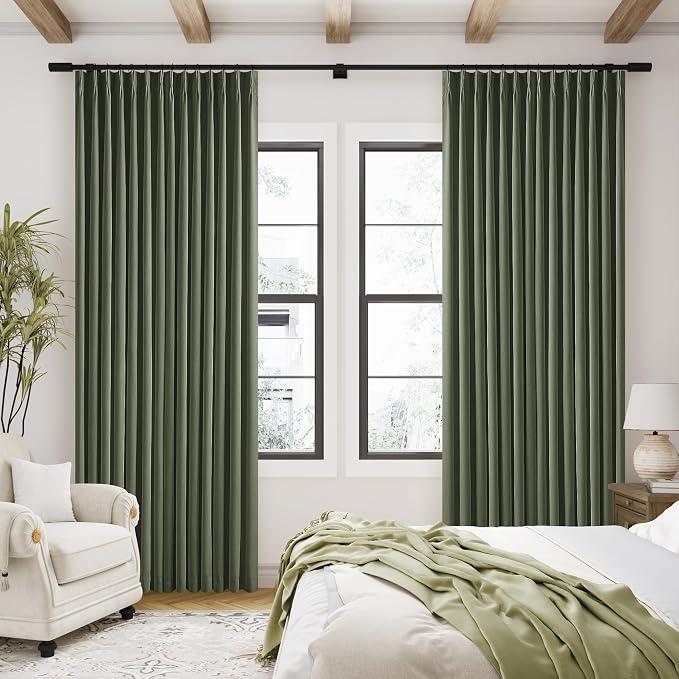 Olive Pinch Pleated 100% Blackout Linen 80 Inch Window Curtains | Room - Image 8