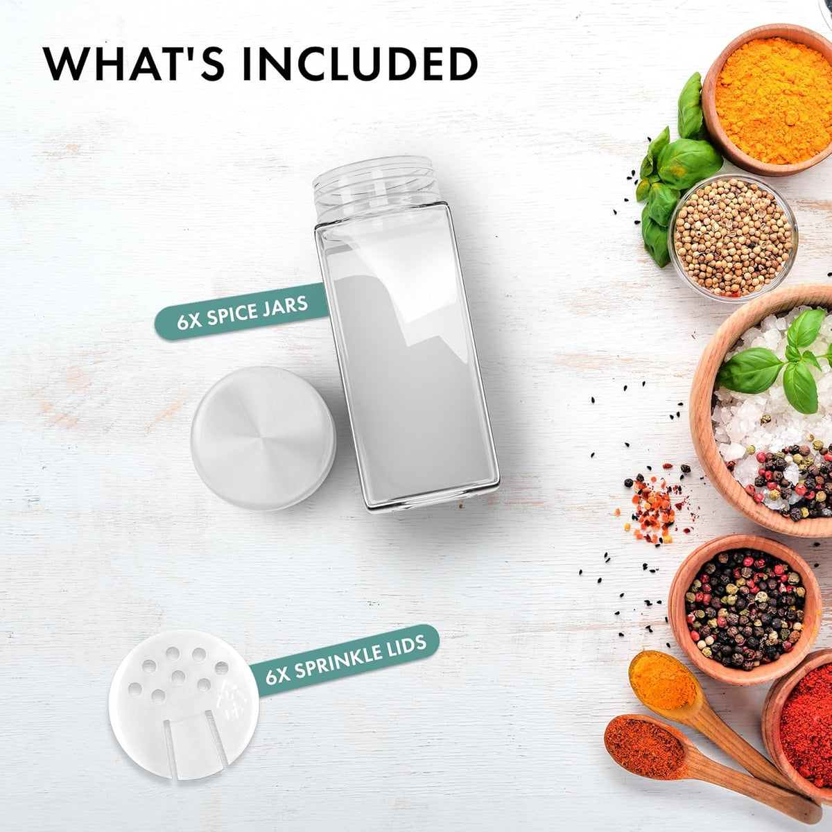 Glass Spice Jars and stainless Steel Lids (6 x 4oz) Spice Containers with Shaker Inserts - Add-On Pack Without Labels or Accessories
