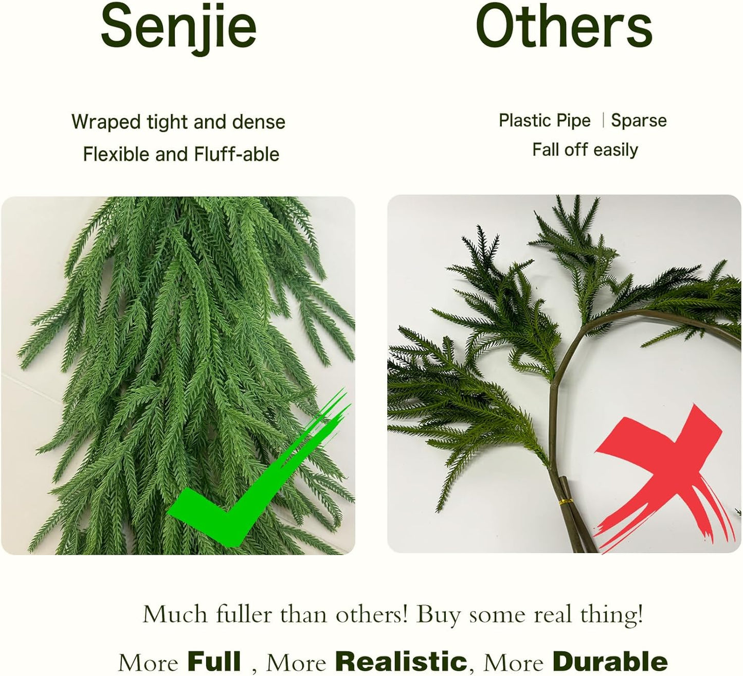 12FT Christmas Garlands Norfolk Pine Garland Real Touch Artificial Faux Greenery Garland for Holiday Indoor Outdoor Decor