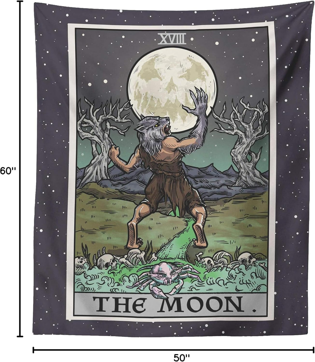 The Moon Tarot Card Tapestry - Werewolf - Gothic Halloween Home Decor Wall Hanging (60" x 50")