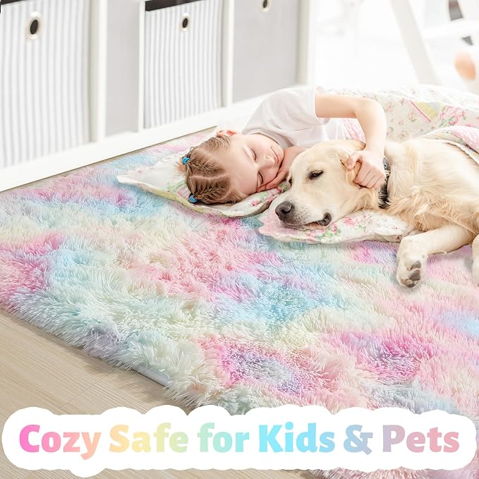 Amdrebio Rainbow Unicorn Pastel Shag Runner Area Rug 2x6 - Image 2