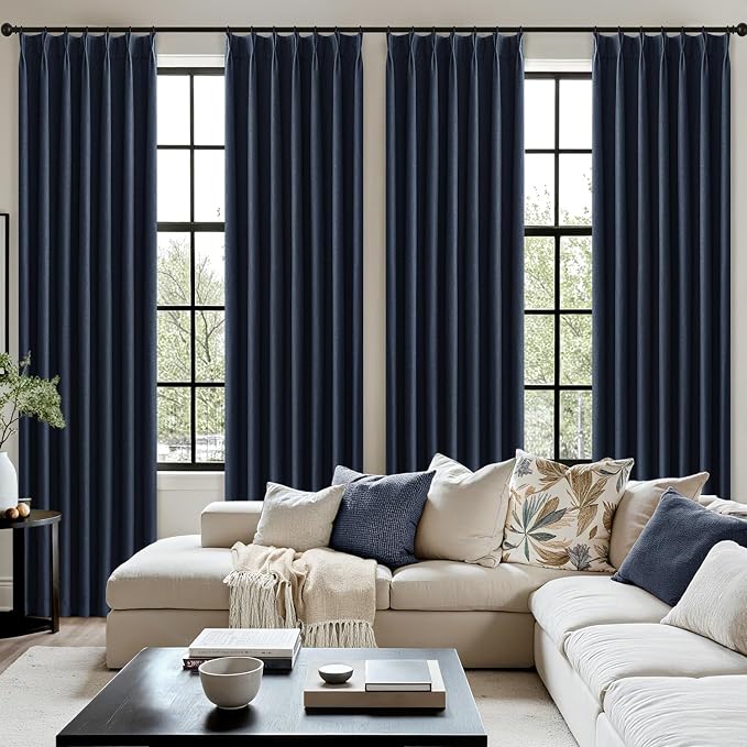 MIULEE Navy Blue Pinch Pleated 100% Blackout Linen Curtains 40x84 Inches | Room - Image 7