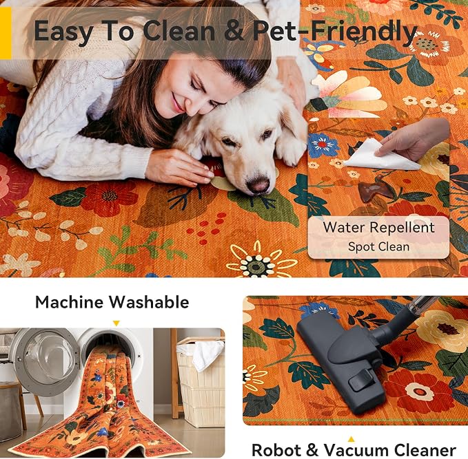 RELEANY Floral Washable 6x9 Area Rugs BurntOrange | Flower Carpet Print Boho - Image 4