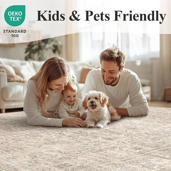 Schweek 5x7 Washable Area Rug Vintage Neutral Beige Rugs - Image 8