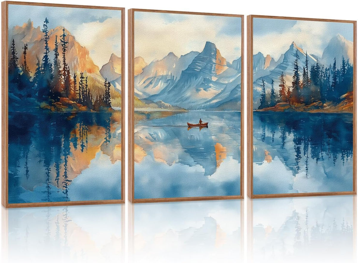 KAIRNE Framed Large Landscape Wall Art,Abstract Forest Prints Paintings,Watercolor Blue Mountain Lake Canvas,Nature Scenery Textured Artwork for Living Room Bedroom Home Office Gallery Decor,16”X24”