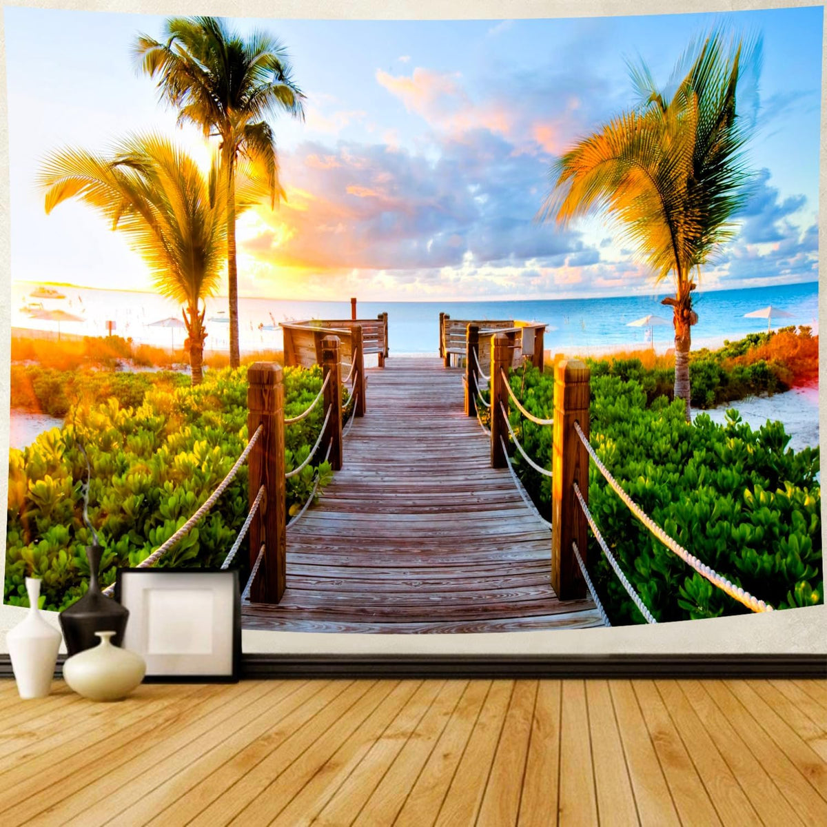 Delur Beach Sunset Tapestry Tropical Seaside Palm Tree Coastal Tapestry Wall Hanging Sunrise Nature Landscape Scenic Psychedelic Headboard for Bedroom Living Room Home Decor (59.1" x 78.7")