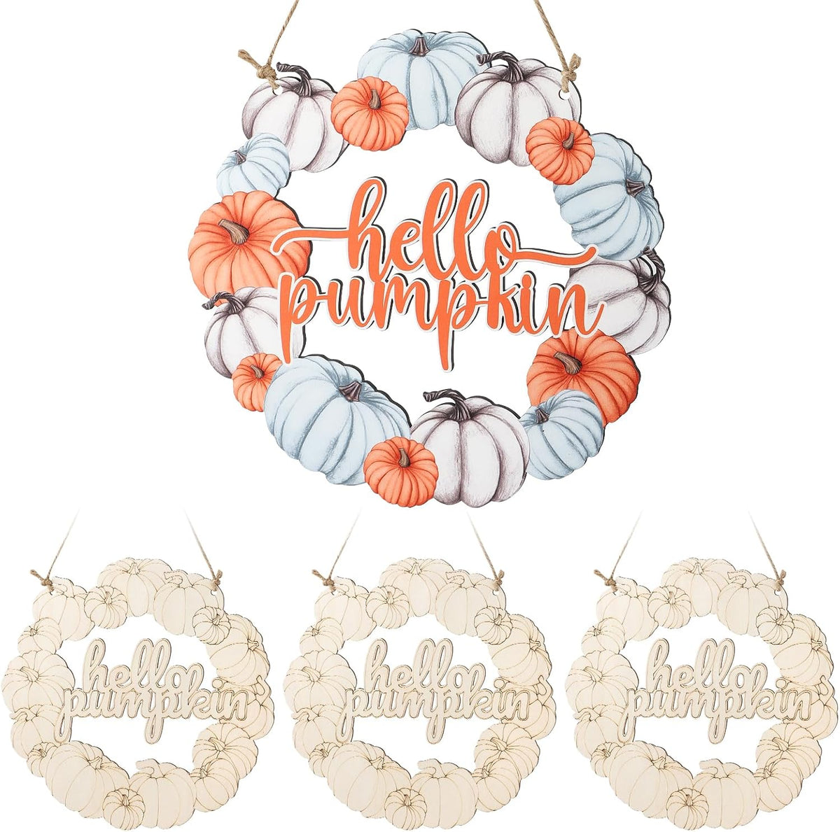 Unfinished Fall Wreaths Wood Crafts to Paint Set of 3, 11" Bulk Fall Pumpkin Wreath Ornaments for Painting, Unfinished Wood Cutouts DIY Ornaments for Front Door with Ropes (Pumpkin)