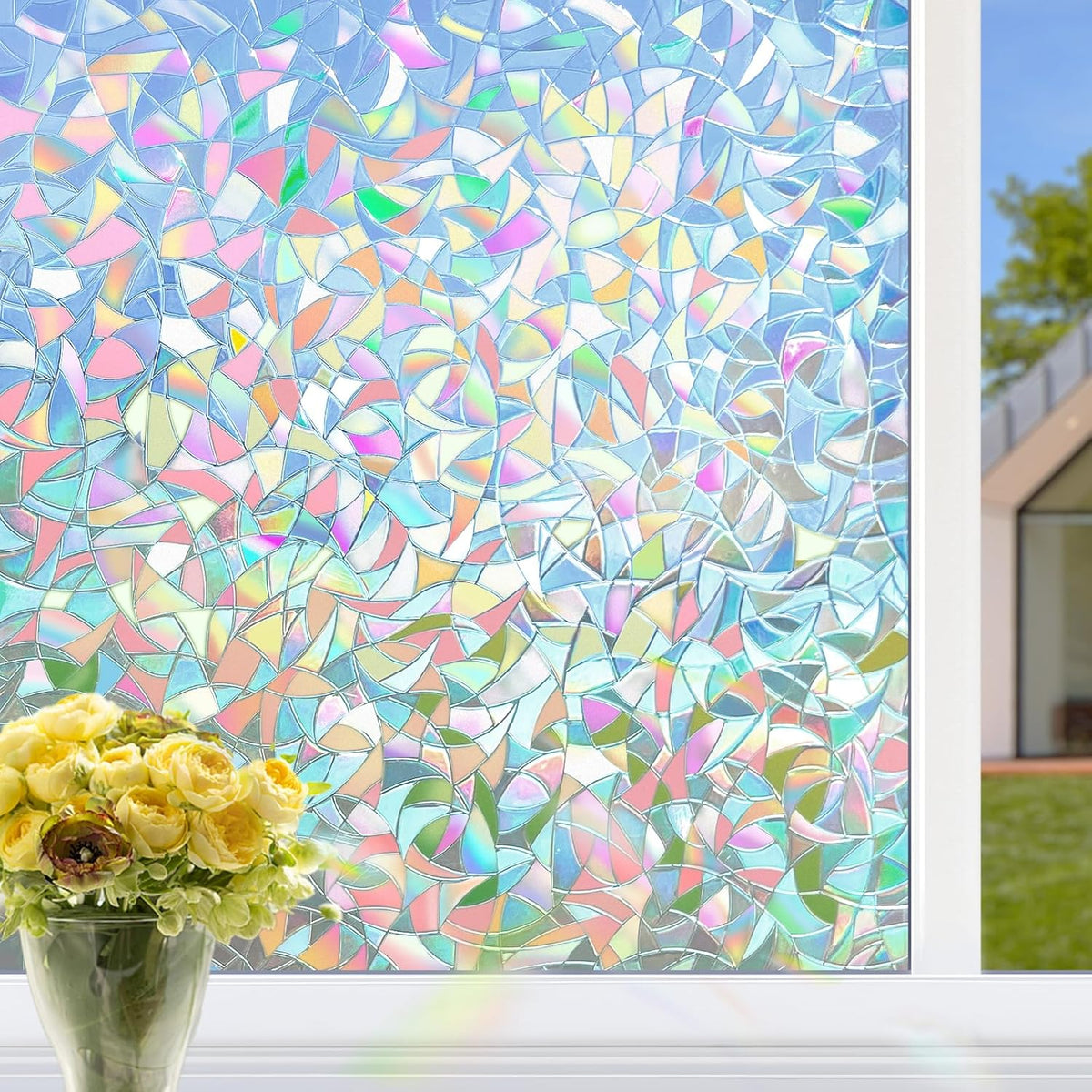 HIDBEA Window Privacy Film Static Clings, Rainbow Window Film, 3D Decals Non-Adhesive Window Vinyl Film for Home Door, 17.3 Inch x 6.5 Feet
