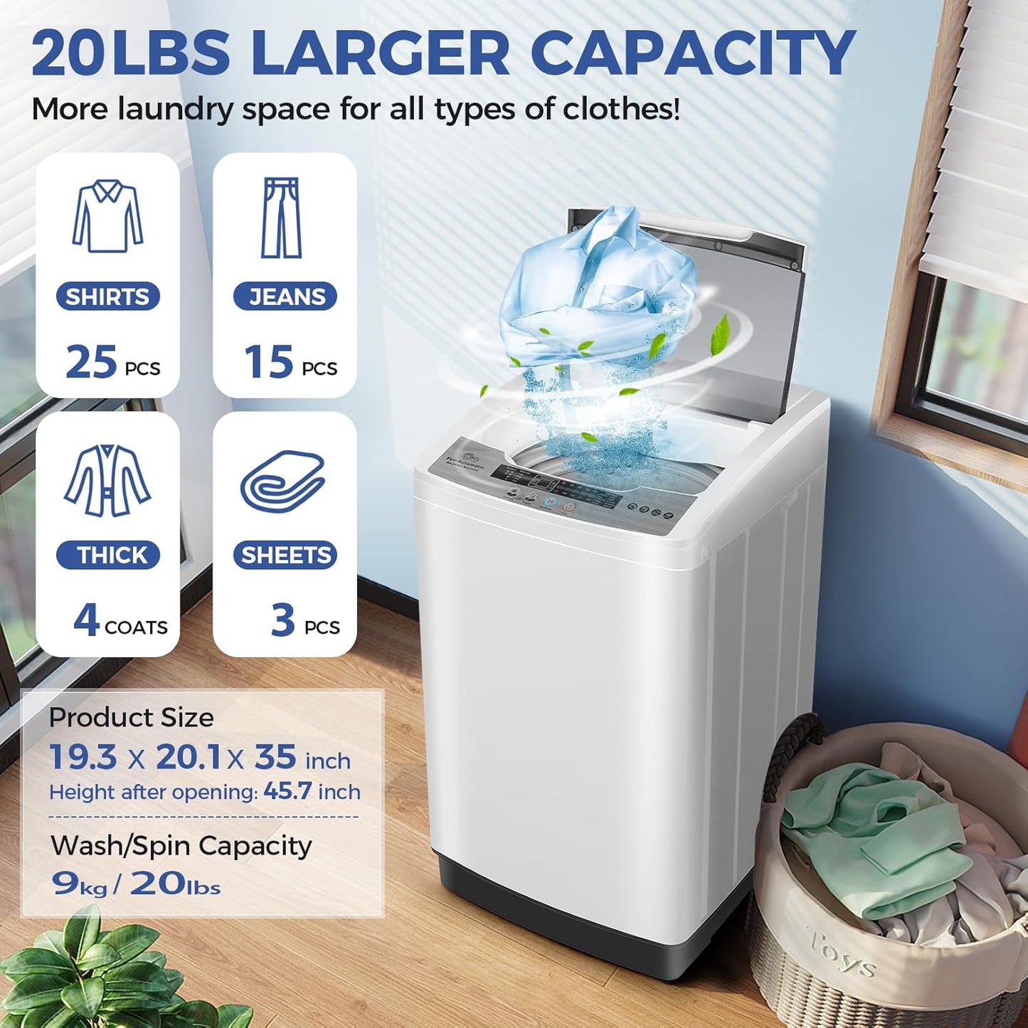 Nictemaw Portable Washing Machine 20Lbs Portable Washer Machine with Drain Pump, 2.8 Cu.ft Compact Washer with 10 Programs 8 Water Levels Small Washing Machine for Apartment, Home, Dorms, Rv