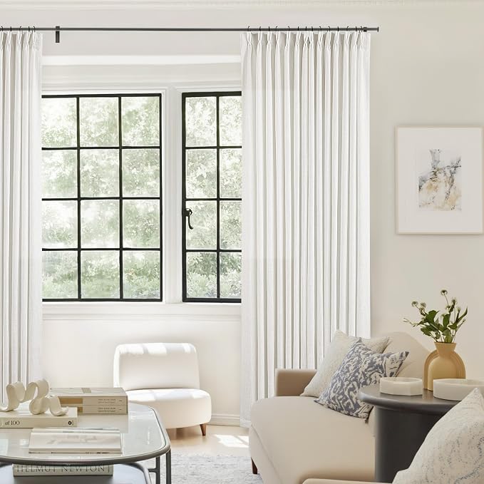 Beige White Pinch Pleated Linen Curtains 126 Inches Long 2 Panels | 400GSM - Image 8