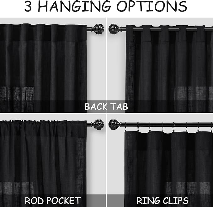 Black Sheer Linen Curtains 70 Inch Length - Image 3