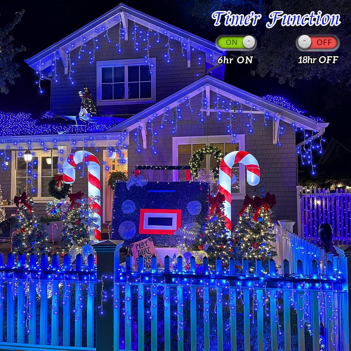 QITONG Blue Icicle Lights for Outside, 33ft 400 LED Icicle Light Plug in with 8 Modes, 160 Drops Clear Wire Connectable Christmas Lights Indoor Plug in