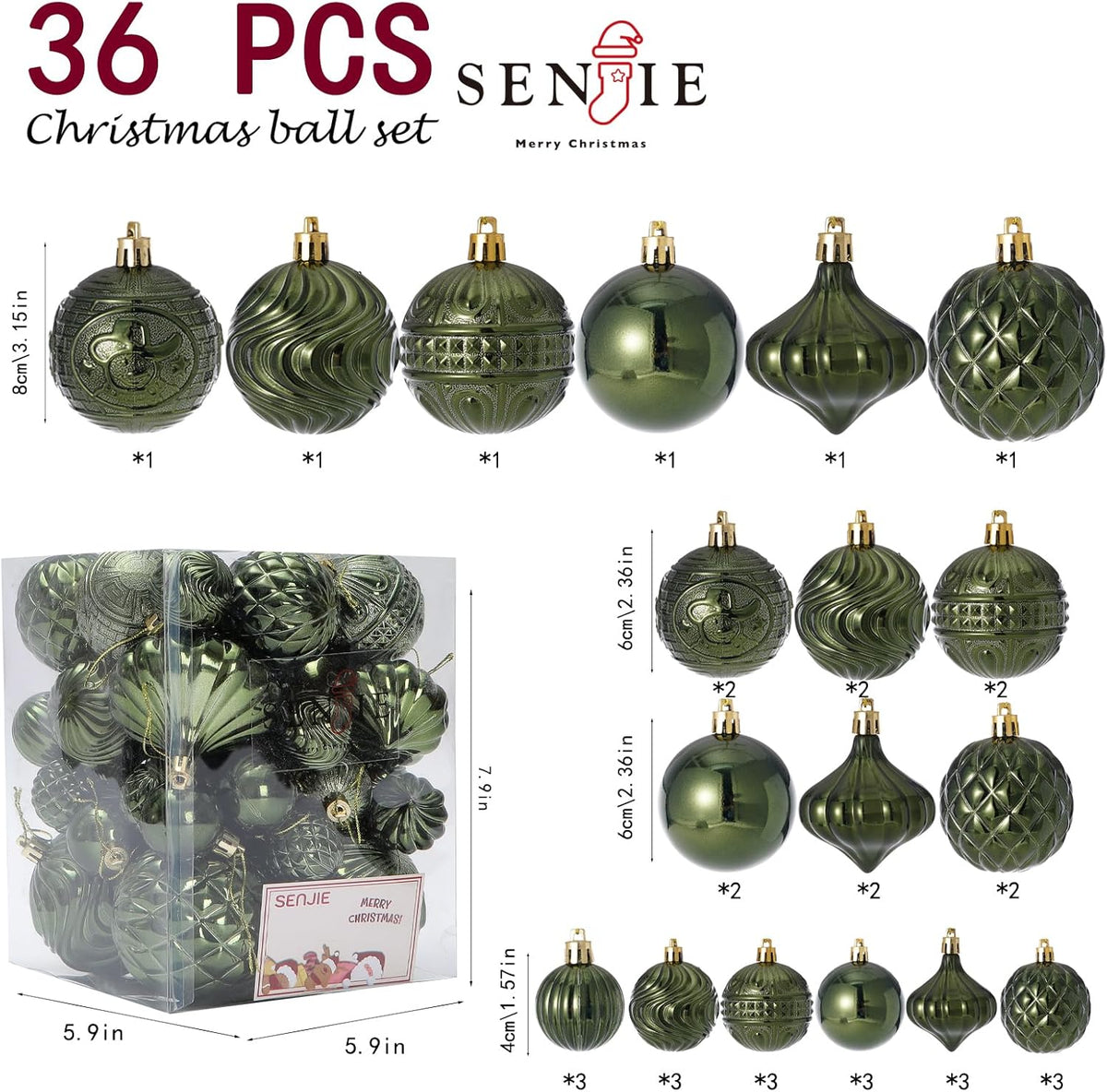 Christmas Ornaments Set with 36pcs Shatterproof Christmas Tree Decorations Multi-Size Christmas Ball Ornaments with 7 Styles Dark Green