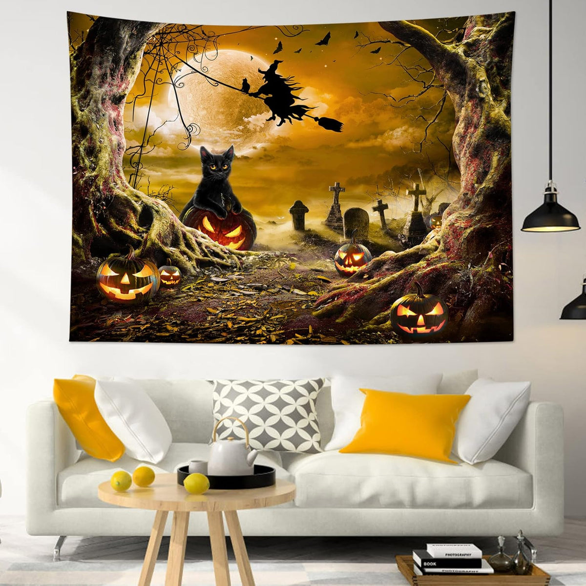 LB Halloween Wall Tapestry with Horror Witch, Cat, Dead Tree, Pumpkin Lights, Spooky Graveyard, Orange Full Moon over Misty Forest - 92.5x70.9 Inches for Bedroom, Living Room, Dorm