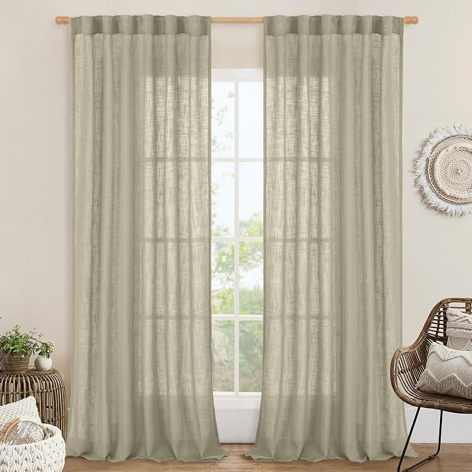 102 Inches Long Linen Curtains for Living Room Bedroom 2 Panels | Semi Sheer by LAMIT