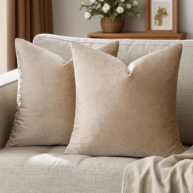GIGIZAZA Taupe Velvet Pillow Covers 16x16 Decorative Pillows Pack of 2 | - Image 6