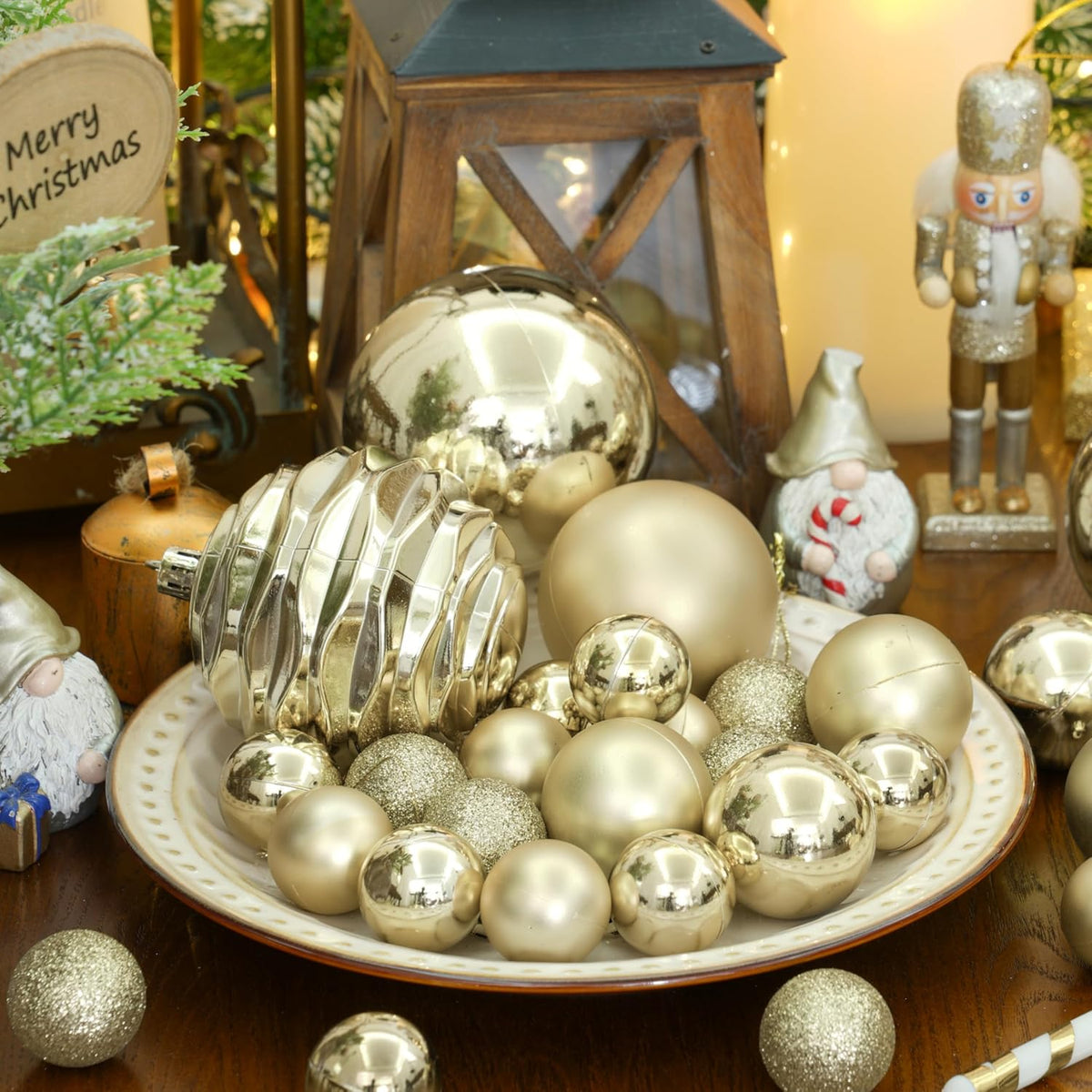 XmasExp 24ct Mini Christmas Ball Ornaments Shatterproof Christmas Ornaments Set Decorations for Xmas Tree Balls 30mm/1.18" (Champagne Gold)